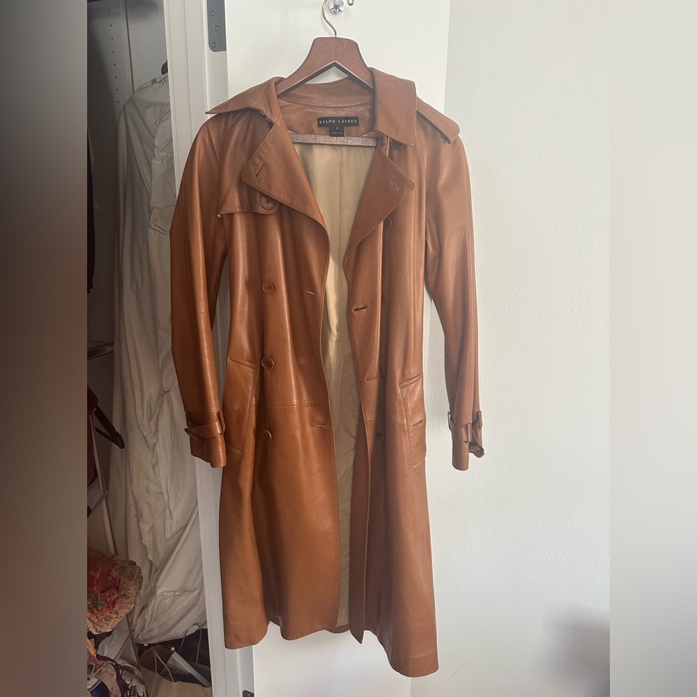 Ralph Lauren vintage light brown leather trench coat with belt.